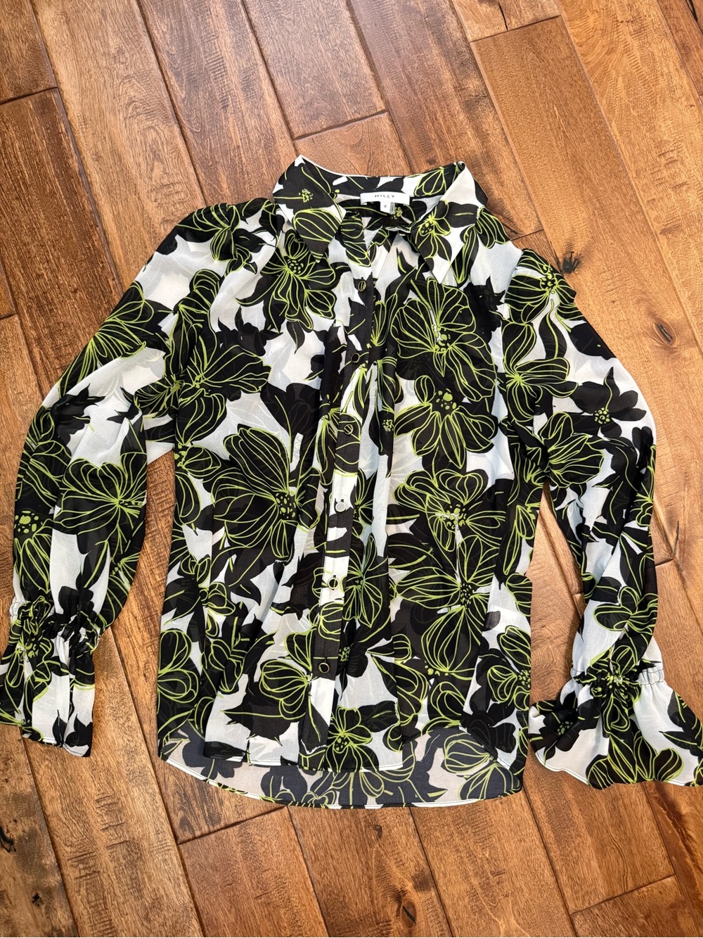 Milly Sheer Floral Button-Front Blouse - Black & Green